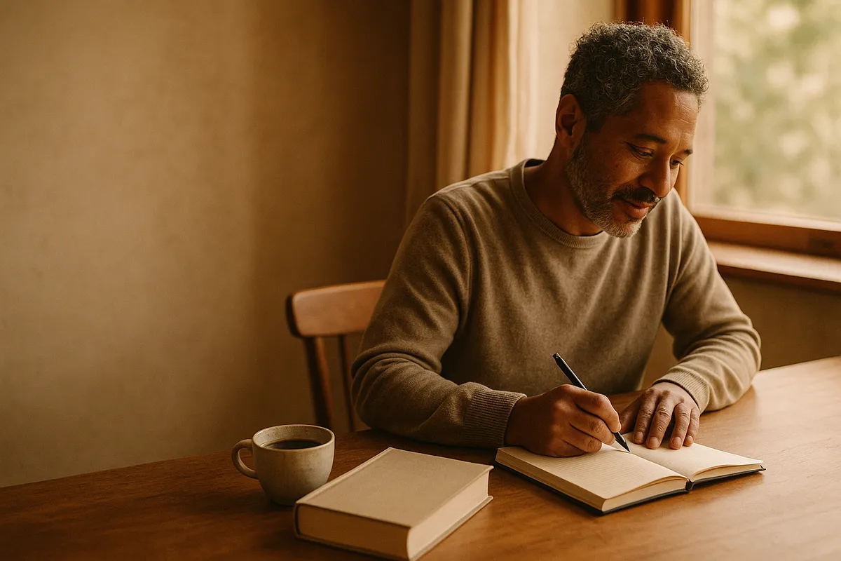 An author writing their book at a sunlit desk, a finished printed book beside them