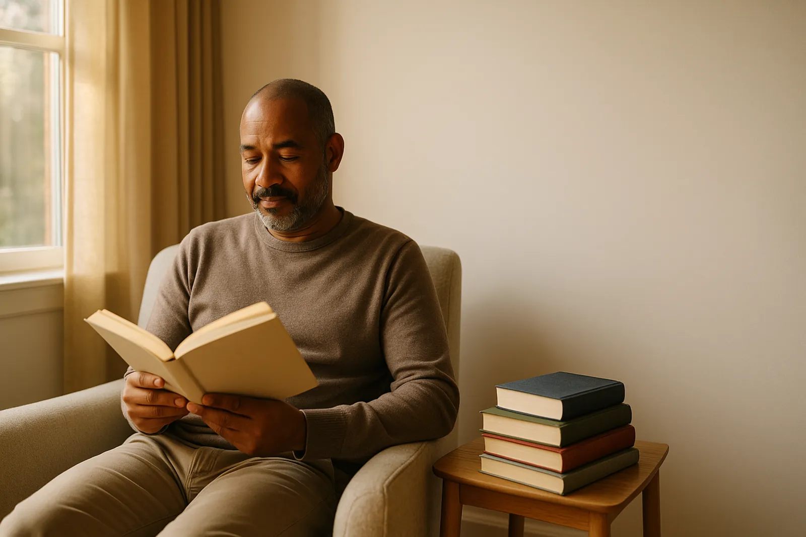 A reader enjoying a freshly published book in a sunlit room